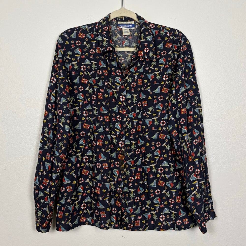 Vintage Pendleton Nautical Novelty Print Rayon Shirt Womens 12 USA 90s Coastal
